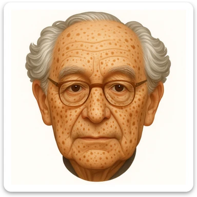 Add more age spots and freckles, and make the face more closely resemble Hans Jonas, German philosopher, while keeping the emoji style. sticker