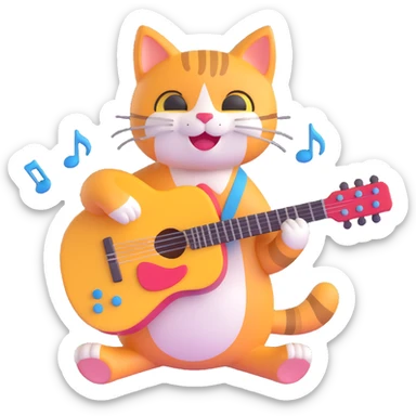 happy musician cat playing a guitar with musical notes sticker