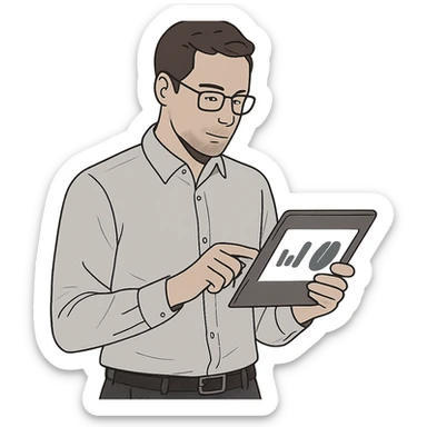modern accountant, analyzing charts on a tablet, smart casual outfit, minimalistic style sticker
