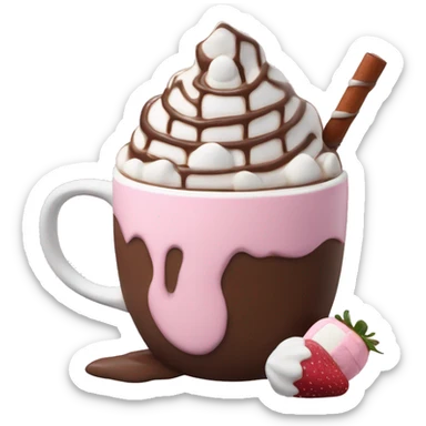 hot chocolate with mug and whip cream and chocolate drizzle and pale pink strawberry and marshmellows sticker