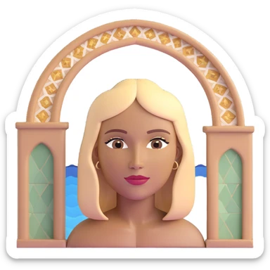 close-up of a woman's face with darker blonde straight hair, light brown skin, with the three iconic arches of Atalaia Beach (Aracaju-SE) prominently displayed very close in the background, middle arch taller with round tops, made of tiles sticker