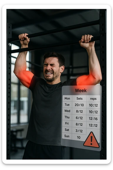 a man in gym attire performs pull-ups on a bar, with his elbows highlighted in bright red to indicate inflammation. A digital overlay shows a weekly training log with high numbers of sets and reps, and a warning icon appears next to the log. The man’s face shows pain and fatigue. The background is a modern gym, emphasizing the link between excessive training volume and injury. scritto in italiano sticker