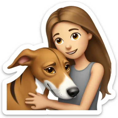 girl with long brown hair hugs tiger greyhound with grey nose sticker