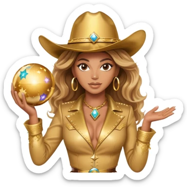 Beyonce with a gold outfit and gold cowboy hat holding galaxy  sphere sticker