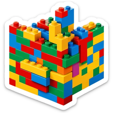A photorealistic icon featuring colorful LEGO bricks in the process of being assembled into a structure, with a few partially built pieces. bright design, detailed textures of the bricks and the building process, capturing the creativity and fun of LEGO construction. Transparent background. sticker