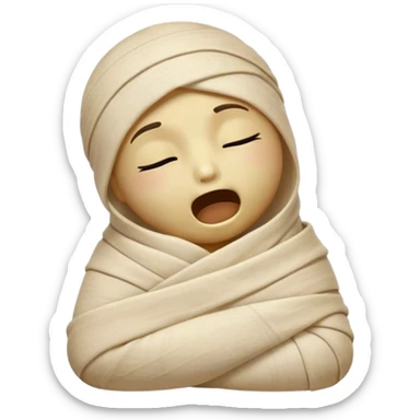Cinematic Cute Yawning Mummy Portrait Emoji, with a snug, slightly askew bandaged form in warm, faded tones with gentle golden accents, head tilted back in a big, sleepy yawn revealing cute hints of ancient charm, simplified yet adorably detailed, glowing with a soft, nostalgic radiance and a gentle outline that captures a mummy’s tender need for rest! sticker
