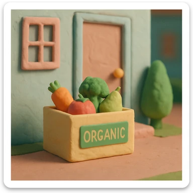 claymation style box of organic products at the door of a house, pastel colors sticker