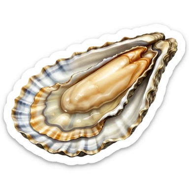 raw oyster, open on half shell, textured irregular shell, grey and brown, glistening flesh, translucent moist interior, natural folds, creamy grey-beige, no lemon, ice, plate, garnish, or faces, clean 3D, soft shadows, transparent background, emoji scale sticker