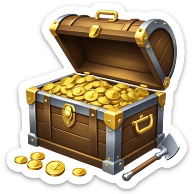 An icon featuring a treasure chest partially open, revealing gold coins and jewels. A metal detector and a shovel are nearby, symbolizing the excitement of treasure hunting. The design evokes adventure, exploration, and the thrill of discovering hidden treasures. transparent background. sticker