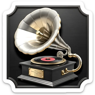 A dark metal platinum music award plaque The center features a relief of a vintage gramophone or stylized vinyl record in a slightly darker metallic tone sticker