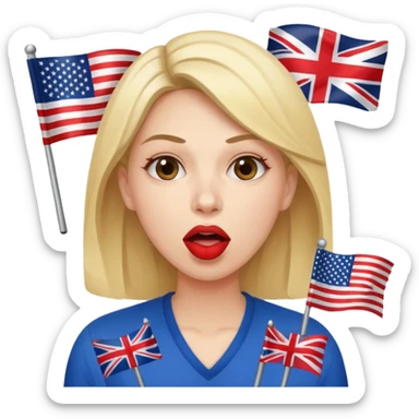 a woman is talking and the English and American flags are coming out of her mouth sticker