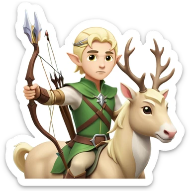 clash-of-clans-aesthetic-blond-male elf-archer-portrait-emoji, rendered in a flat, vector-style with minimal shading and bold, simplified shapes, head tilted slightly forward with a determined, focused expression, riding a majestic white stag whose antlers glow with mystical energy, set against an ancient, enchanted forest backdrop. sticker