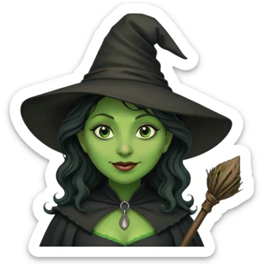elphaba the wicked witch from wicked movie (cynthia erivo) dark long curly hair, thick lips, wide nose, green skins, witch hat, witch broom, evil, wicked musical film, evil smirk evil scary cynthia erivo sticker