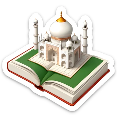 An icon featuring the Taj Mahal and the flag of India, symbolizing the Hindi language. The design includes an open book with hindi text, representing language learning and cultural richness. Transparent background highlights the heritage of India. sticker