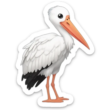  A big white stork carrying a bundle of cloth in its beak that has a cute white skinned baby face peeking out from it with black head sticker
