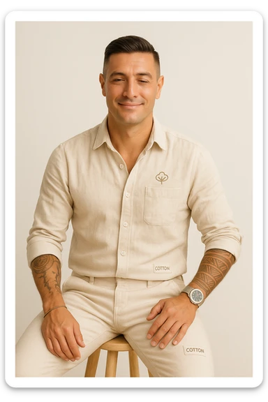 Create a very realistic vertical image of a man similar to the reference photo. The man is wearing only natural cotton clothes with visible labels or symbols indicating 'cotton'. He has a serene and satisfied expression. The atmosphere is bright and healthy with natural details. The aspect ratio is 2:3. sticker