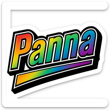 The name 'Panna' in modern, precise Hungarian letters with a rainbow gradient fill, extra thick white letter border, dark contour, transparent background, dynamic slanted underline, in the style of the reference samples. sticker