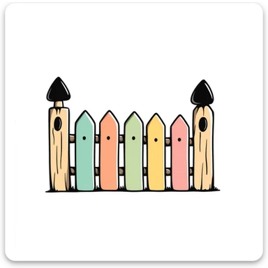 A wooden garden fence with decorative posts in pastel colors (dd9fb0, ffc6d3, a3bfc9, c4bee2, f1b091), hand-drawn doodle style sticker