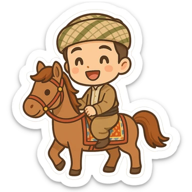 cartoon sticker of a happy Kurdish groom wearing traditional clothing, riding a horse alone like in old Kurdish wedding ceremonies, colorful, no text, suitable for WhatsApp and Instagram sticker