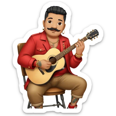 Icon for Chanson: Old fat chanson singer with tattoos and short moustache, red jacket, gold chains and braslettes, sitting on a chair with an acoustic guitar and standing microphone. The atmosphere should reflect a nostalgic, soulful vibe with vintage elements. Transparent background. sticker