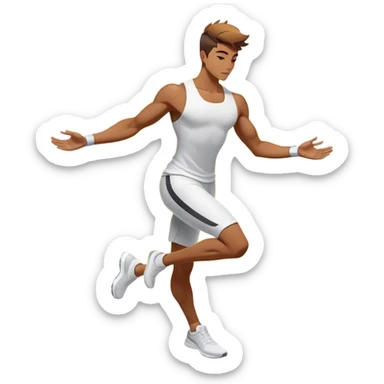 Masculine silhouette with athletic wear, surrounded by transformative energy aura, dynamic style essence with floating fashion elements sticker