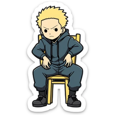 gojo from jujutsu kaisen standing on a chair and saying "i am the strongest" sticker