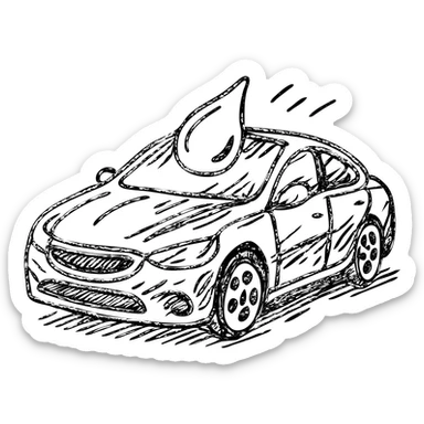hand-drawn outlined icon of a full high-end vehicle with glossy black paint, strong shine and reflections, water droplet sliding on the surface, subtle repellent effect, clean and modern sticker