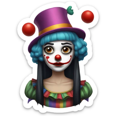 Sad clown girl with clown face paint wearing cockcomb jester hat with straight black hair exaggerated expression of sadness on her face  sticker