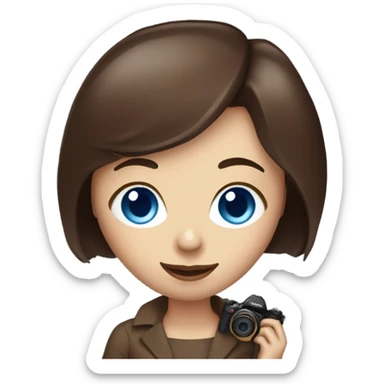Portrait of stylish woman with blue eyes and chocholate  bob hair holding a nikon camera sticker