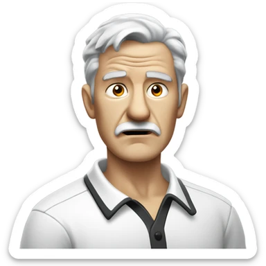 old angry english man, grey hair, no facial hair. wearing a white smart polo shirt with black buttons. sticker