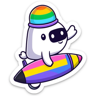 A cheerful rainbow crayon character waving while riding a silver UFO with glowing lights sticker