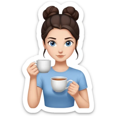 With her dark brown hair pulled back in a bun, and captivating grey-blue eyes, the girl holds a mug of tea, the steam rising like a gentle promise of warmth, clad in a simple white t-shirt.  sticker
