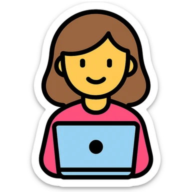white girl with brown hair using a laptop, flat icon style, lineal color icon with black outlines sticker
