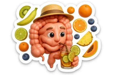 EMOJI STILE IPHONE DI INTESTINO UMANO REALISTICO CON CAPPELLO DI PAGLIA DA SPIAGGIA CHE BEVE UN Tè FREDDO IN BICCHIERE DI VETRO CON DENTRO  fette di cetriolo, limone, lime, DIETRO L'INTESTINO FLUTTUANO PEZZETTI DI Kiwi
Banana acerba
Arance e mandarini
Mirtilli
Ananas
Papaya
IPERREALISTICO 4K sticker
