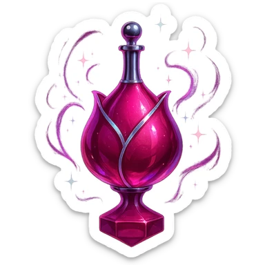 prabangus eliksyro buteliukas, rožės žiedo forma, sodri rožinė spalva, sidabrinės ir holografinės detalės, daug magiškų efektų, labai mažas kaklelis, vientisas dugnas, skaidrus fonas, buteliukas plūduriuoja ore, be pagrindo ar šešėlio, modernus, kolekcijai tinkamas sticker