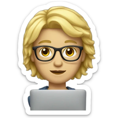 blond student developer with a macbook, wearing glasses, no facial hair sticker