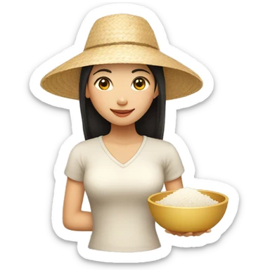 asian girl with a straw hat holding a bowl of rice sticker
