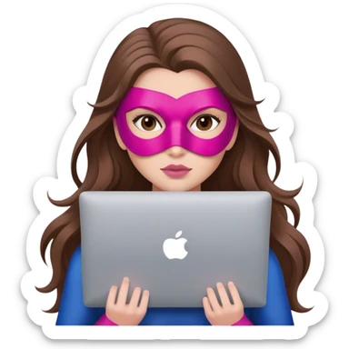 European girl long brown hair. brown eyes, blush pink lips, with mask of superhero with MacBook  sticker