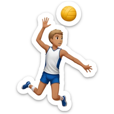 A boy playing volleyball colliding against a wall sticker