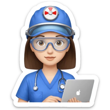 i need a brunette young woman in blue scrubs with brown eyes fair skin with safety goggles on and a laptop for research  healthcare research no safety helmet sticker