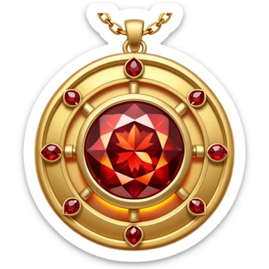 tiny glowing garnet talisman, radiating warmth and power, golden chain sticker
