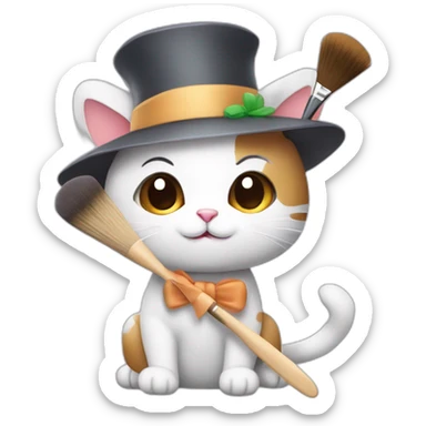 Kawaii cat artist in hat holding palette and brush so it can be used as a mouse cursor sticker