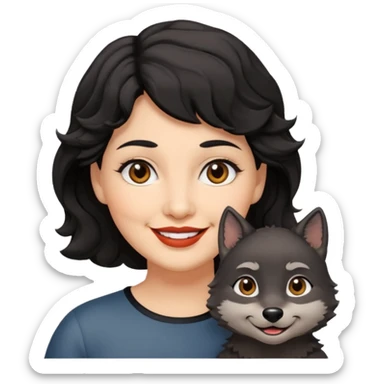 woman 60, brown eyes, very short black wavy wolf cut hair, chubby smile sticker