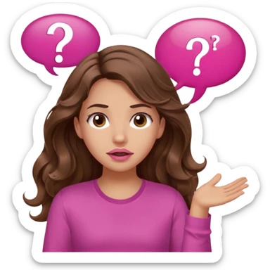 girl with long wavy brown hair, brown eyes, light to medium complexion, in a pink shirt, pink lips, long lashes, shugging, question mark one speech bubble sticker