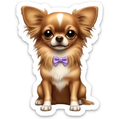 Small brown long haired chihuahua wearing a bow sticker