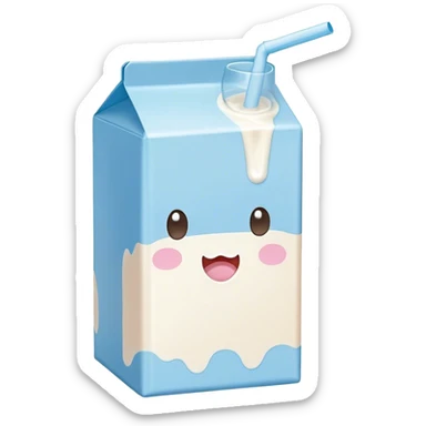 Cute Kawaii Milk Carton, small and boxy, bright pastel blue and white, blushing cheeks, a tiny straw poking out, soft glowing highlights, adorable farm-fresh cuteness! sticker