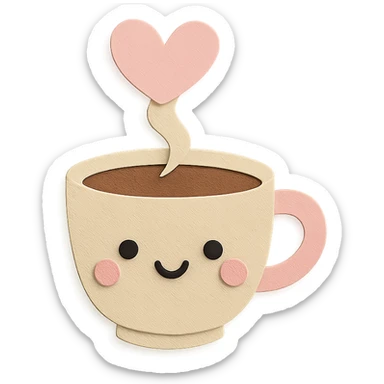 kawaii coffee cup with heart-shaped steam, pastel background sticker