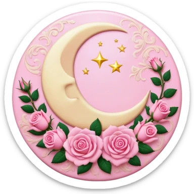 A round pink button with a cream colored crescent damask moon and pink roses in the center sticker