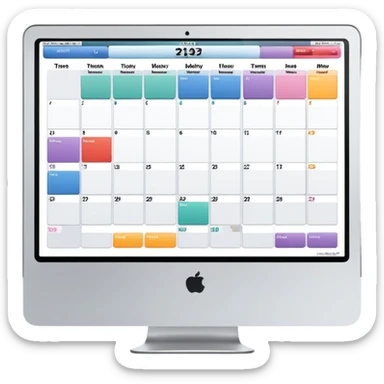 front-facing iMac showing a day schedule with vertical hours and horizontal client slots, several slots filled with color to indicate bookings sticker