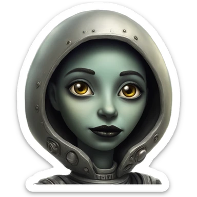 Wholesome UFO alien in Swedish game style, oil paint, black eyes, intricate lips, masterpiece portrait, beautiful, desirable, logical, love, peace, understanding sticker